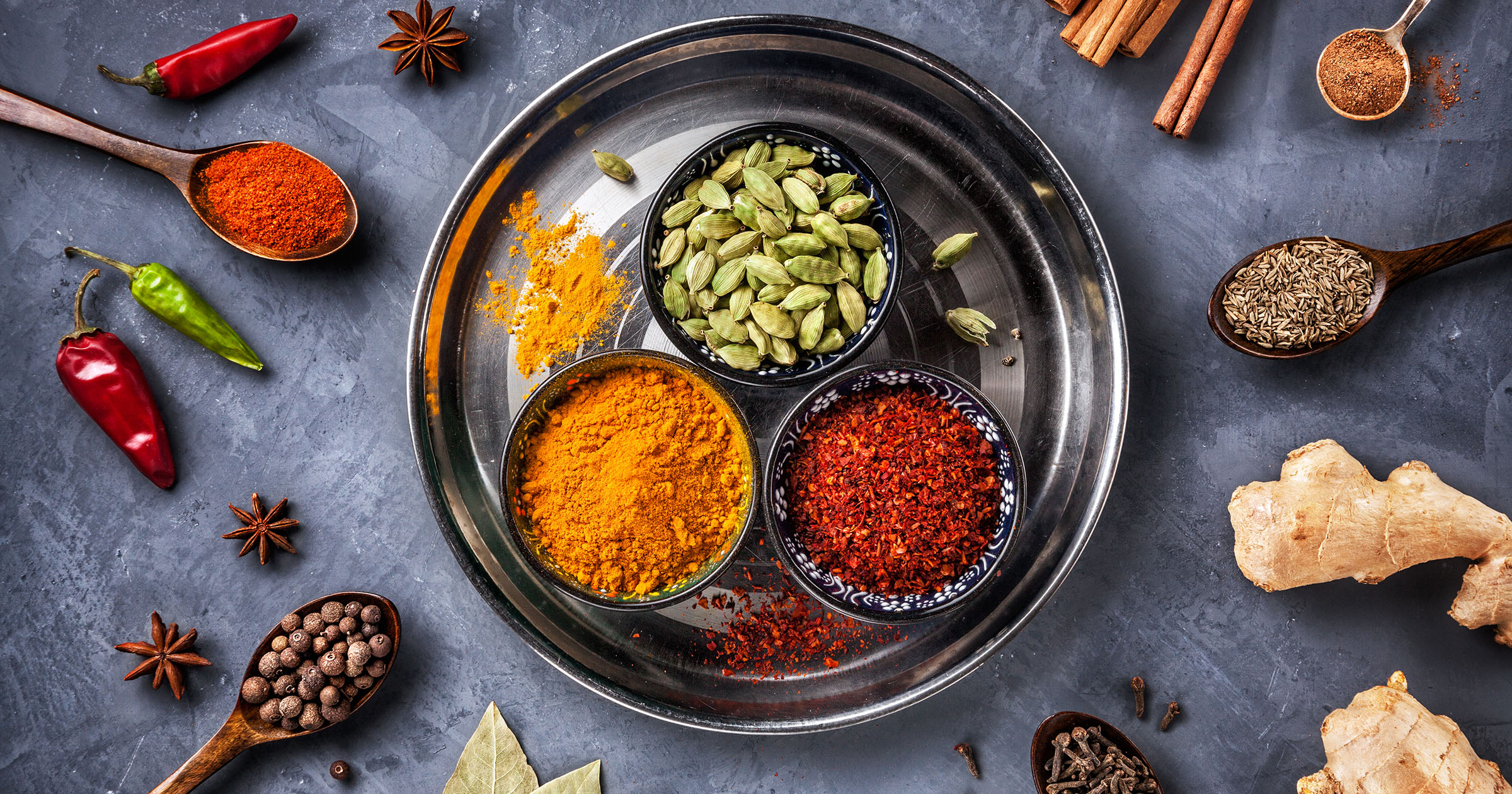 Ayurveda Mindful Eating: Ayurvedic diet display with a variety of spices